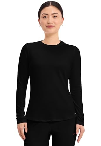 Cherokee Underscrub Long Sleeve Women’s Knit Tee Nursing Underscrubs Crew Neck Layering Top for Women - CK773 - color: Black, size: Medium