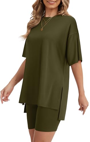 RUBZOOF Women 2 Piece Lounge Sets Summer Outfits Shorts Set - color: Army Green, size: Medium