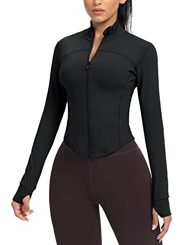 AVGO Women's Cropped Running Workout Jackets Zip Slim Fit Athletic Tops with Thumb Holes - color: Black, size: X-Small
