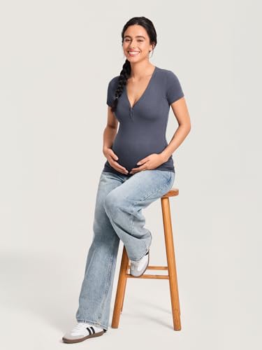 MOMANDA Cotton Ribbed Henley Maternity Tshirts - color: Ash Navy, size: X-Large
