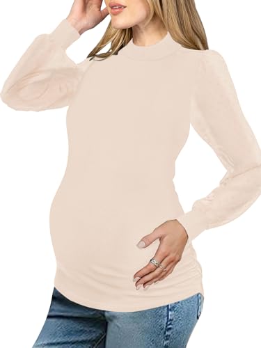 FMEYOA Women's Maternity Shirt Long Sleeve Top Mock Neck Blouse - color: Beige, size: Medium