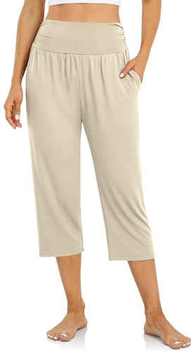 UEU Women's Yoga Capri Pants Loose Soft Drawstring Workout Sweatpants - color: Cream, size: X-Large