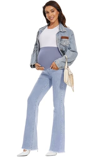 GLAMIX Women's Stretch Maternity Bootcut Jeans with Pockets Over The Belly Bell Bottoms Flare Denim Pants Pregnancy Clothes - color: Light Blue (Frayed Hem), size: Medium