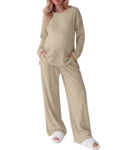 Huukeay Women's Maternity 2 Piece Waffle Outfits Lounge Set - color: Apricot, size: Large
