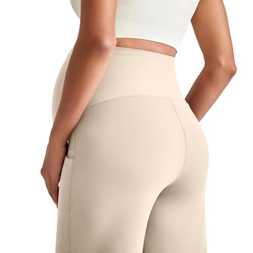 Over The Belly Maternity Wide Leg Yoga Pants - color: Beige, size: Large
