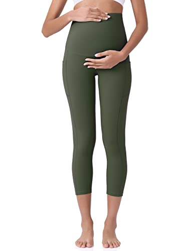 POSHDIVAH Maternity Capri Leggings with Pockets Pregnancy Workout Pants - color: Army Green, size: Medium