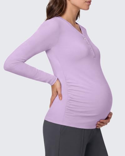 G4Free Lyocell Maternity Shirts Long Sleeve Button Front Henley Neck Ruched - color: Light Purple, size: XX-Large