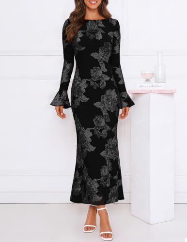 MEROKEETY Women's Floral Wedding Guest Cocktail Maxi Dress - color: Black, size: Medium