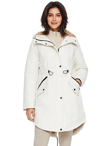 Orolay Women's Thicken Fleece Lined Parka Winter Coat Hooded Jacket with Pockets - color: Beige, size: Medium