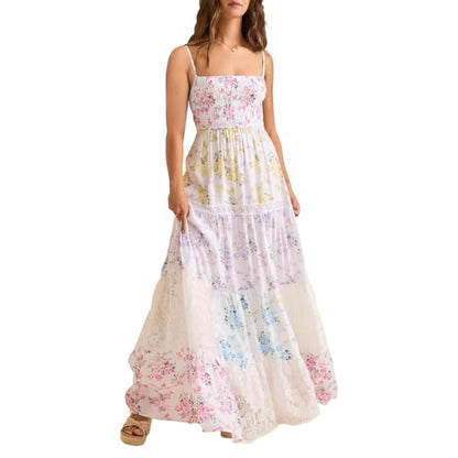 ABYOVRT Women Floral Maxi Dress Smocked Spaghetti Strap Lace Patchwork Tiered Boho Long Dress Vacation Garden Party - size: Medium