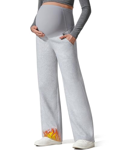 G4Free Flurrylux Fleece Lined Maternity Wide Leg Pants Pregnancy Sweatpants - color: Light Heather, size: Large