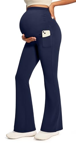IUGA Maternity Yoga Pants for Work Maternity Flare Leggings for Women with Pockets Soft Pregnancy Over The Belly - color: Midnight Blue, size: Small