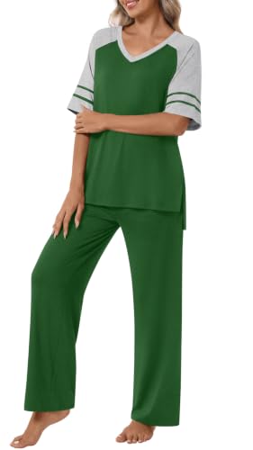 Anyhold Lounge Sets for Women Fall Pajamas Set 2 Piece Outfits - color: Dark Green, size: Medium