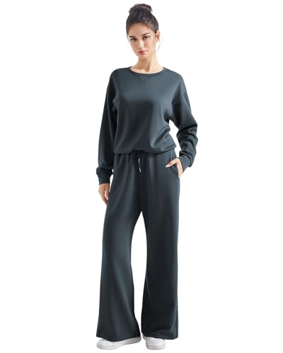SUUKSESS Women 2 Piece Outfits Fall Oversized Sweatshirt Wide Leg Pants - color: Grey Blue, size: Medium