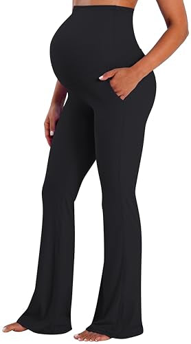 Sunzel Maternity Flare Leggings with Pockets Over The Belly, Buttery Soft Pregnancy Wide Leg Yoga Pants - color: Black, size: Small