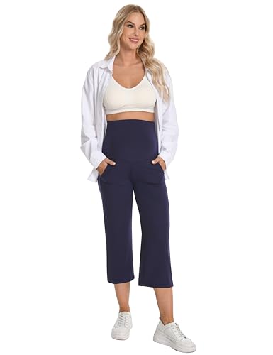 Foucome Maternity Capris Wide Leg Cropped Yoga Pants - color: Navy, size: Small
