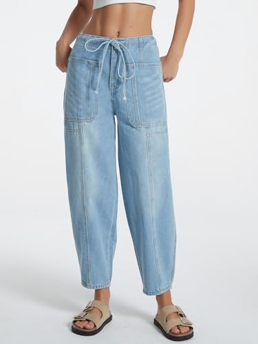 Drawstring Barrel Jeans for Women Elastic Waist Baggy Wide Leg Denim Pants - color: Light Blue, size: Medium