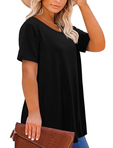 Magritta Women's Short Sleeve Crew Neck Plus Size Tunic Tops - color: Black, size: 5X