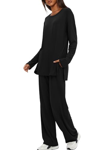 Darong Womens 2 Piece Fall Lounge Sets Oversized Tops Wide Leg Pants - color: Black, size: Large