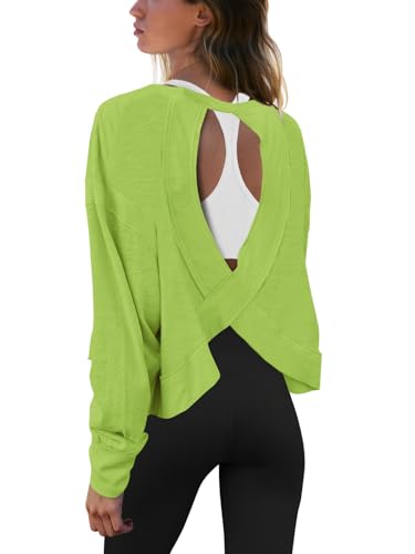Panadila Womens Open Back Workout Tops Long Sleeve Shirts - color: Avocado Green, size: Small
