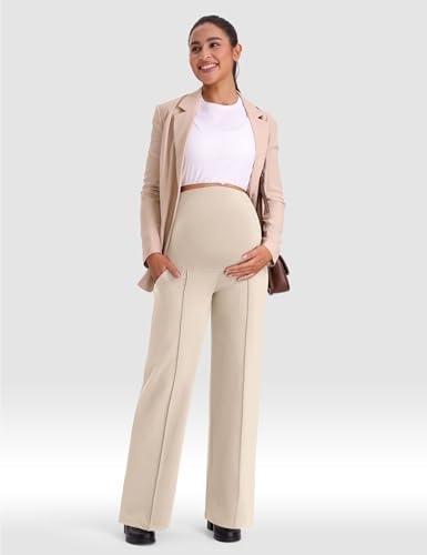 Mama Land Maternity Work Dress Pants, Stretchy Wide Leg with Pockets - color: Light Khaki, size: Medium