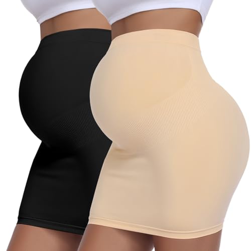 Women's Maternity Pencil Skirt Over Belly, High Waisted Solid Stretchy Pregnancy Shapewear Dress Bump Support 2-Pack - color: Black & Beige, size: Large