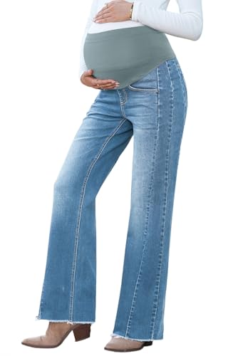 BLENCOT Women Maternity Jeans Bootcut Straight Leg Stretchy Denim Pants - color: Light Blue, size: Large