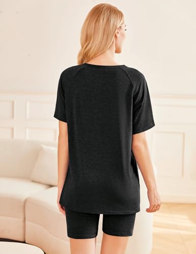 Ekouaer Women 2 Piece Lounge Set Crewneck Tshirt Biker Short Summer Outfit - color: Black, size: Large