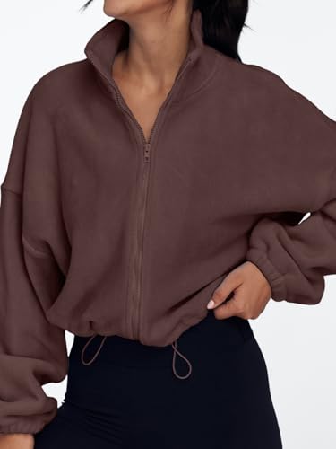 AUTOMET Womens Fleece Jackets Zip Up Oversized Cropped Sweatshirts - color: Brown, size: Large