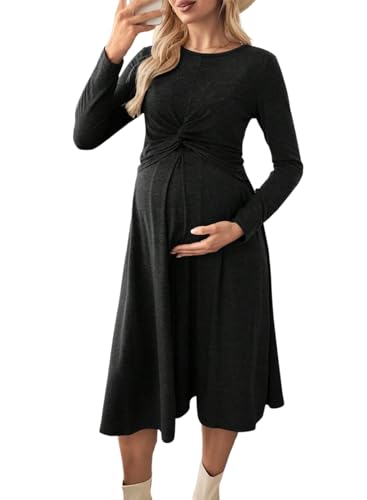 BLENCOT Maternity Nursing Midi Dress Twist Knot Pull Up Feed Postpartum - color: Black, size: Large