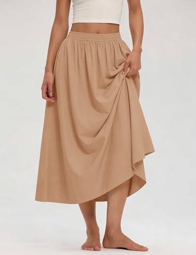 LOMON Midi Skirts for Women with Pockets A-Line Cotton Flowy Elastic Waist - color: Camel, size: X-Large