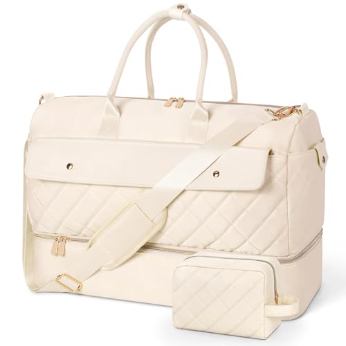 Wedama Travel Duffel Bag, Large Weekender Bag for Women with Shoe Compartment, Carry on Overnight Bag with Toiletry Makeup Bag, Gym Duffel Bag Travel Tote Bag for Travel Gym Camping Hospital, Beige - color: Beige, size: Large