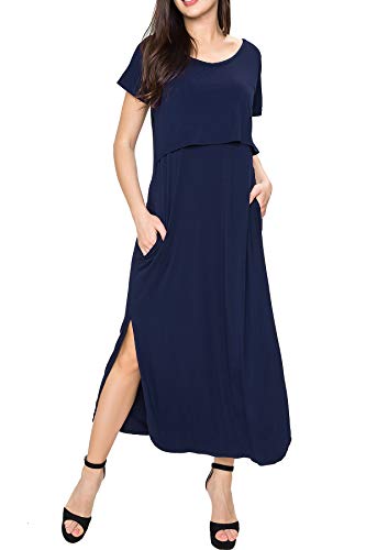 Smallshow Women's Maternity Nursing Dresses Split Long Dress for Breastfeeding - color: Dark Blue, size: XX-Large