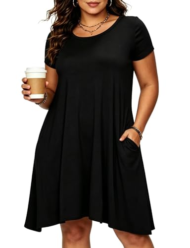 Afibi Womens Short Sleeve Loose Pockets Dress Casual Swing T-Shirt Dresses - color: Black, size: Medium
