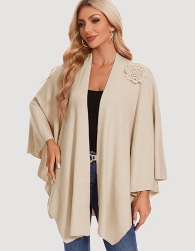 PULI Women Elegant Cross Front Floral Shawl Wraps Poncho Fall Winter - color: Barley Twist
