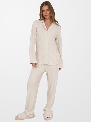 ANRABESS Women 2 Piece Pajama Lounge Sets 2026 Fall Outfits - color: Beige, size: Large