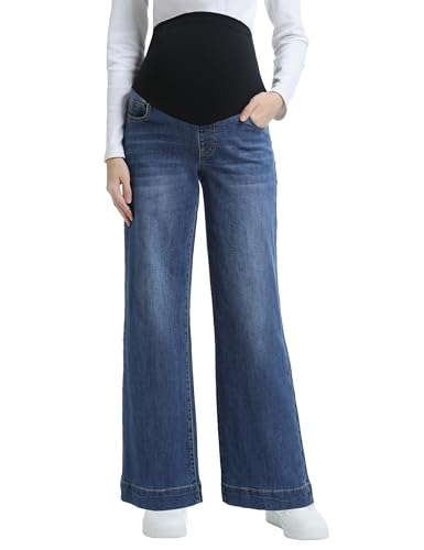 Maternity Jeans Wide Leg Loose Pregnancy Denim Pants - color: Dark Blue, size: Medium