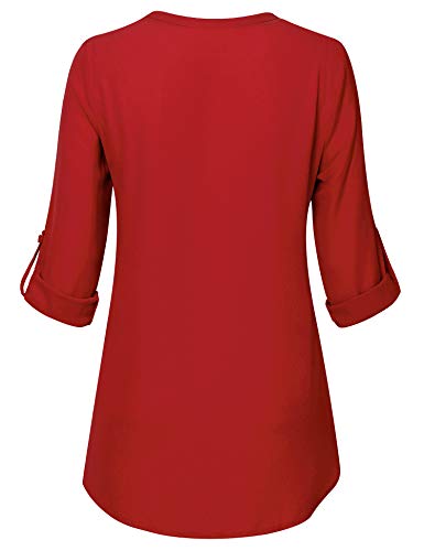 Timeson Women's Casual Chiffon V Neck 3/4 Sleeve Blouse Tops - color: Red, size: Medium
