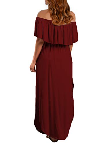 VERABENDI Women's Off Shoulder Summer Casual Long Ruffle Beach Maxi Dress with Pockets - color: Burgundy, size: Medium