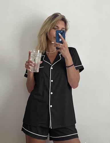 Ekouaer Womens Pajama Sets Button Up Pjs 2 Piece Short Sleeve Sleepwear - color: Black, size: Medium