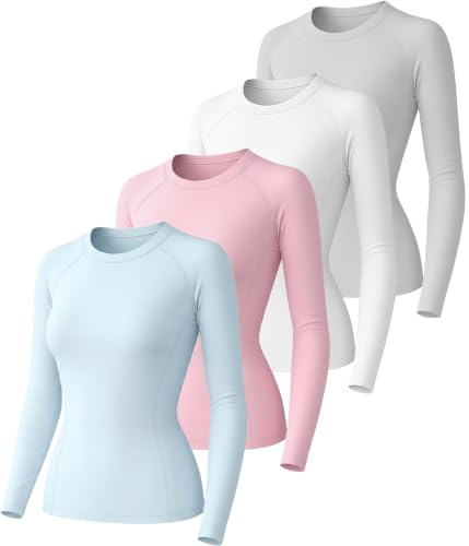 Women Long Sleeve Compression Shirts Underscrubs Workout Athletic Tops - color: Pink/Light Blue/Light Gray/White, size: XX-Small