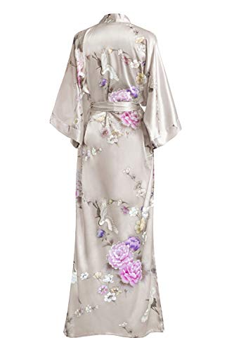 OLDSHANGHAI Satin Long Kimono Robe for Women - color: Chrysanthemum & Crane - Willow