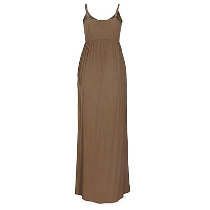 PRIMODA Women's Summer Casual Sleeveless V Neck Adjustable Spaghetti Strap Maxi Long Dress - color: Mocha, size: X-Large