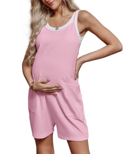 FMEYOA Maternity Romper Sleeveless Overall Shorts Jumpsuit with Pockets - color: Pink, size: Medium