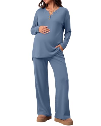 2 Piece Thermal Maternity Lounge Set - color: Gray Blue, size: XX-Large
