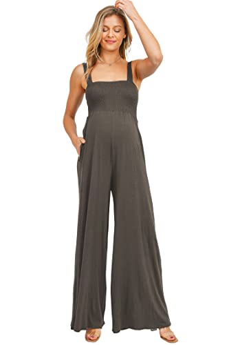 Women's Maternity Sleeveless Jumpsuit Romper with Smocked neck and pockets - color: Cocoa, size: Medium