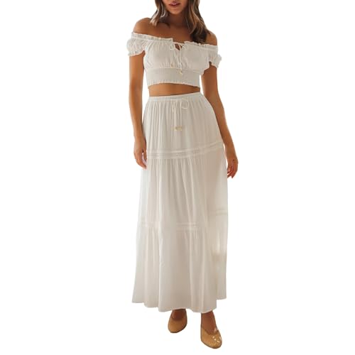 Womens Two Piece Summer Boho Outfit Off Shoulder Crop Top Maternity High Waist Maxi Skirt Beachear - color: White, size: Medium