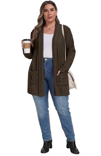 OLRIK Womens Plus Size Cardigan Loose Outwear with Pockets - color: C-brown, size: 1X
