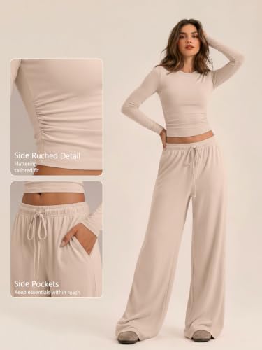 Trendy Queen Women's 2 Piece 2026 Fall Fashion Lounge Set with Pockets - color: Almond, size: Small