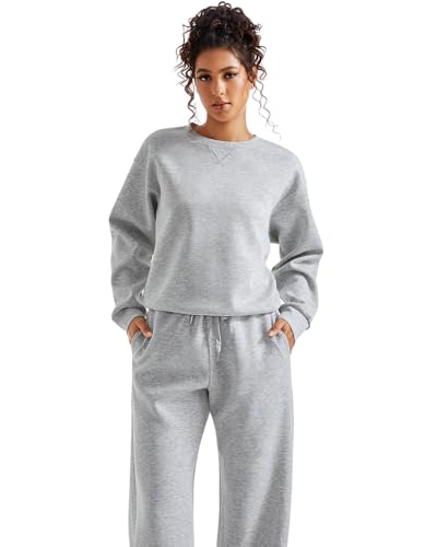 SUUKSESS Women 2 Piece Outfits Fall Oversized Sweatshirt Wide Leg Pants - color: Grey, size: Medium